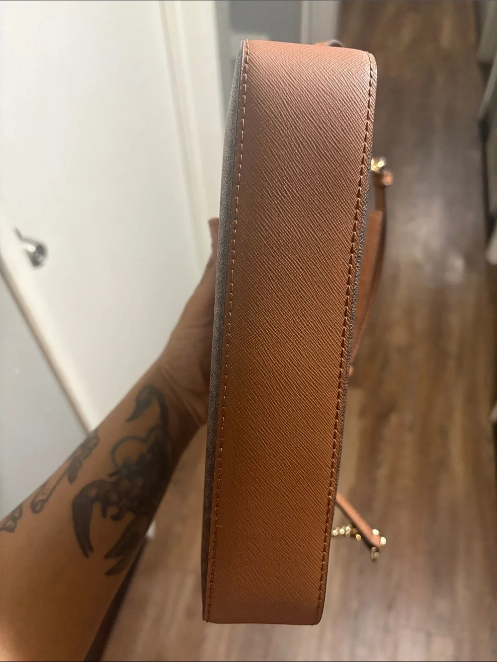 Michael Kors Brown/Tan Signature MK Crossbody Bag with Gold Chain